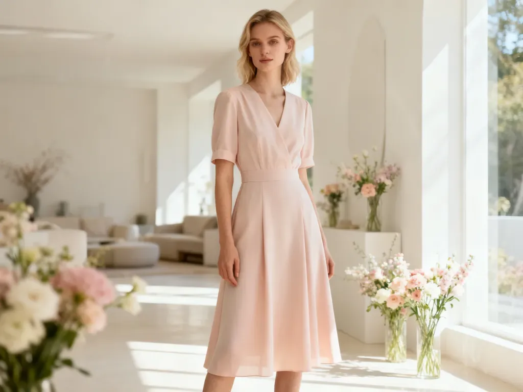 Elegancka kobieta w pastelowej sukience midi, prezentująca szykowną stylizację idealną na chrzciny.