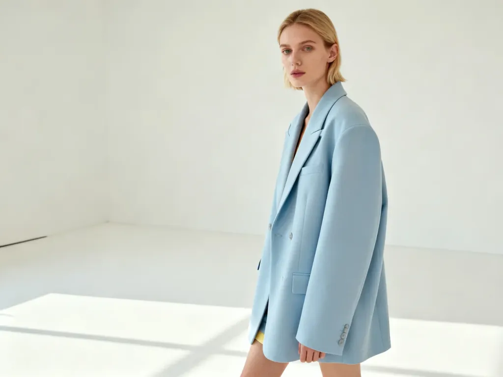 Stylowa kobieta w eleganckiej marynarce w kolorze baby blue na minimalistycznym, białym tle.