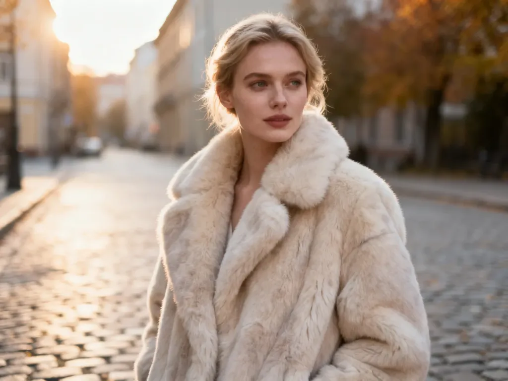 Kobieta w eleganckim, pluszowym futerku na tle miejskiej architektury w jesiennym, złotym świetle.