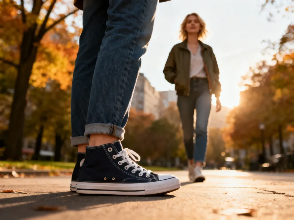Stylowa kobieta w klasycznych trampkach Converse, jeansach i kurtce na tle jesiennego miejskiego parku.