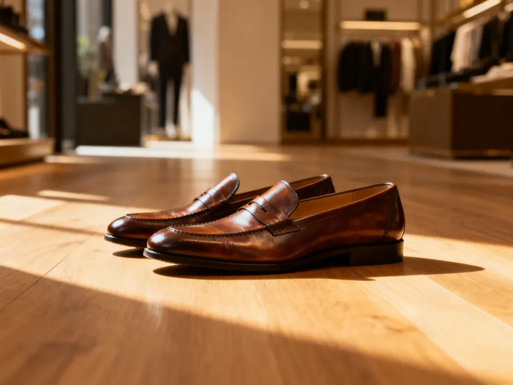 Eleganckie skórzane loafersy na drewnianej podłodze w słonecznym wnętrzu butiku.