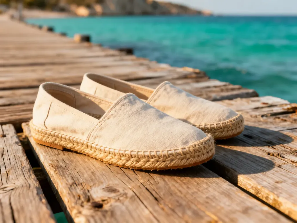 Beżowe espadryle na jutowej podeszwie na tle turkusowego morza, podkreślające wakacyjny i stylowy charakter obuwia.