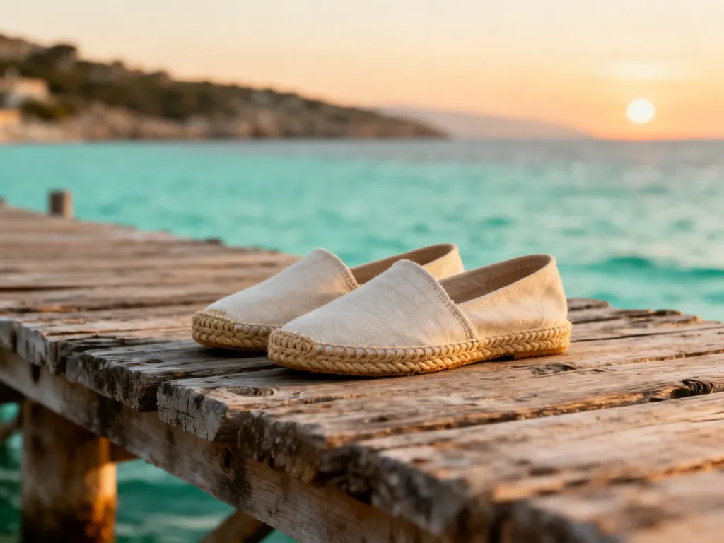 Stylowe espadryle z jutową podeszwą na drewnianym pomoście w scenerii śródziemnomorskiego wybrzeża o zachodzie słońca.