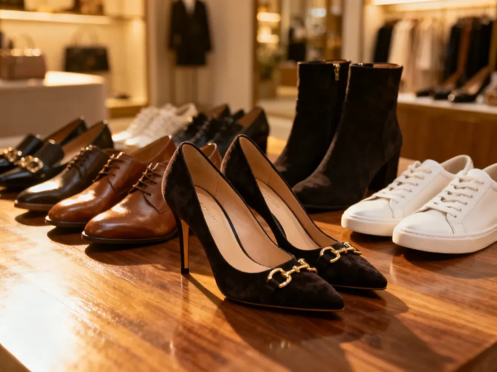 Elegancka kolekcja damskiego obuwia, od szpilek po sneakersy, wyeksponowana na drewnianym blacie w butikowym wnętrzu.