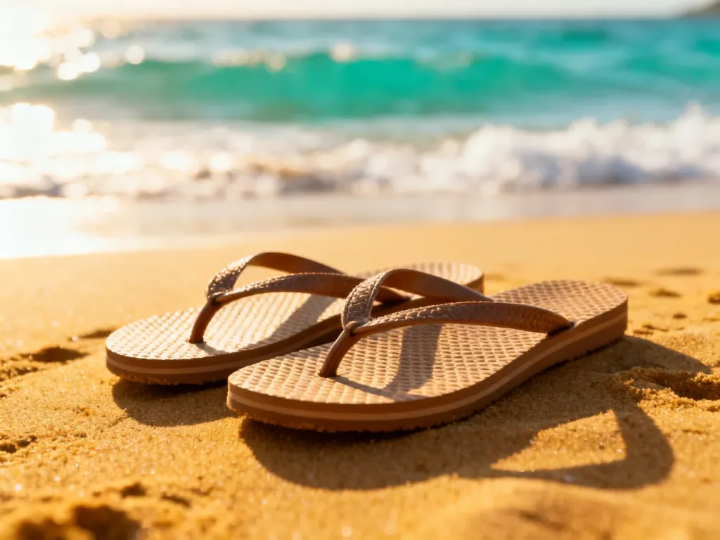 Stylowe japonki na piaszczystej plaży w blasku zachodzącego słońca, z turkusowymi falami w tle.