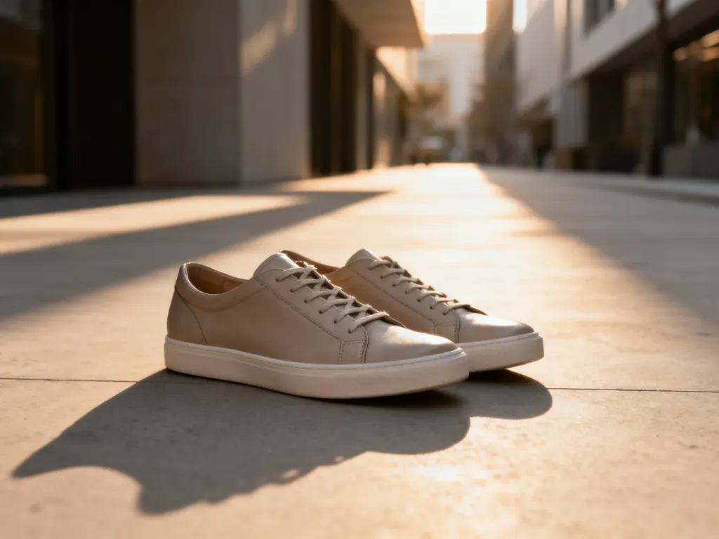 Minimalistyczne skórzane sneakersy na betonowym podłożu w scenerii miejskiej o zachodzie słońca.