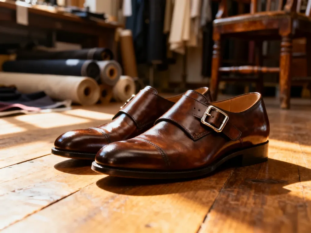 Eleganckie skórzane buty typu monki z charakterystycznymi klamrami na drewnianej podłodze w pracowni krawieckiej.