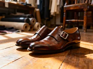 Eleganckie skórzane loafersy na drewnianej podłodze w słonecznym wnętrzu butiku.