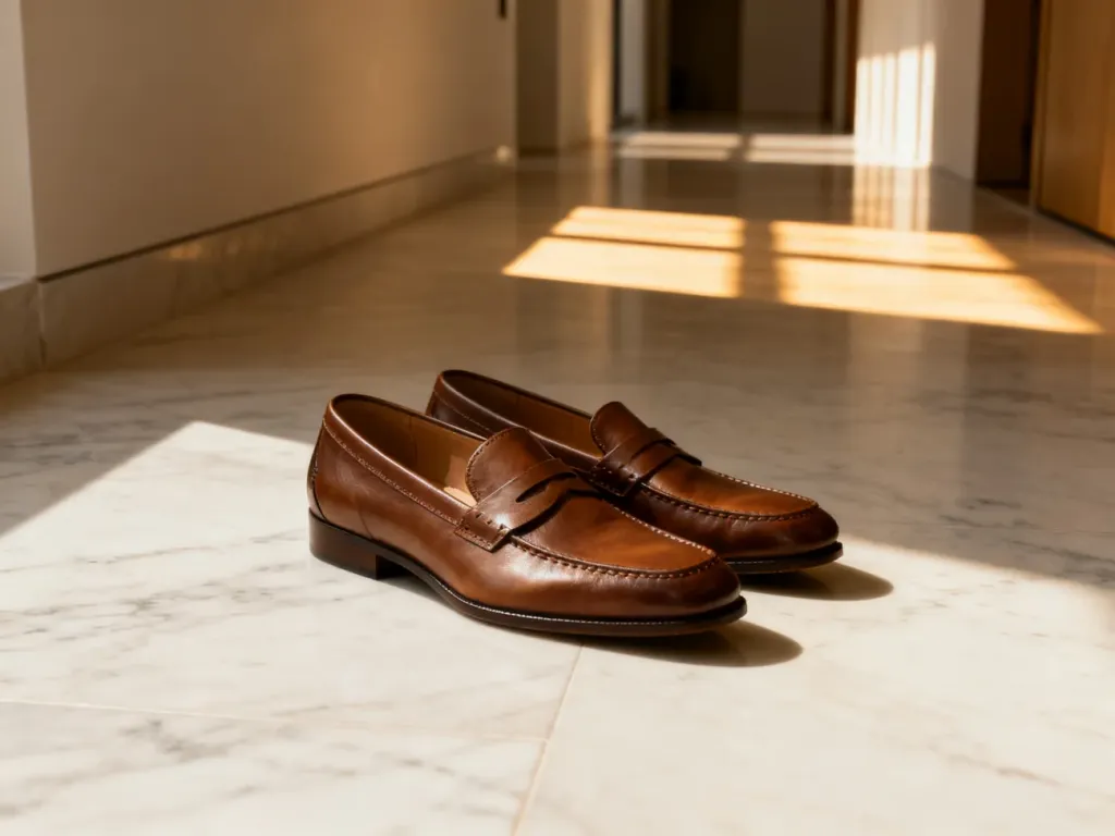 Eleganckie skórzane loafersy na marmurowej podłodze w promieniach zachodzącego słońca. Stylowa propozycja obuwia na co dzień.