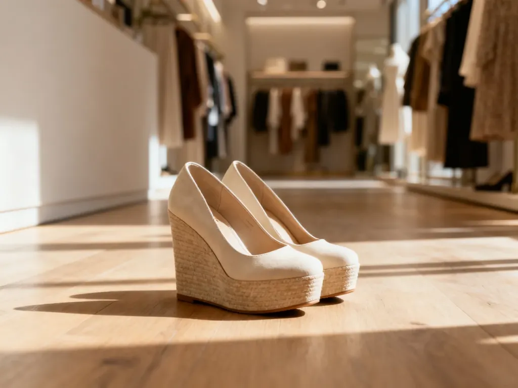 Stylowe buty na koturnie ustawione na drewnianej podłodze w jasnym, słonecznym wnętrzu butiku.