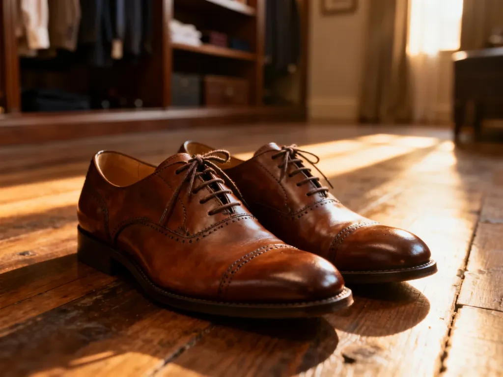 Klasyczne brązowe buty typu derby ze skóry na drewnianej podłodze w eleganckiej garderobie.