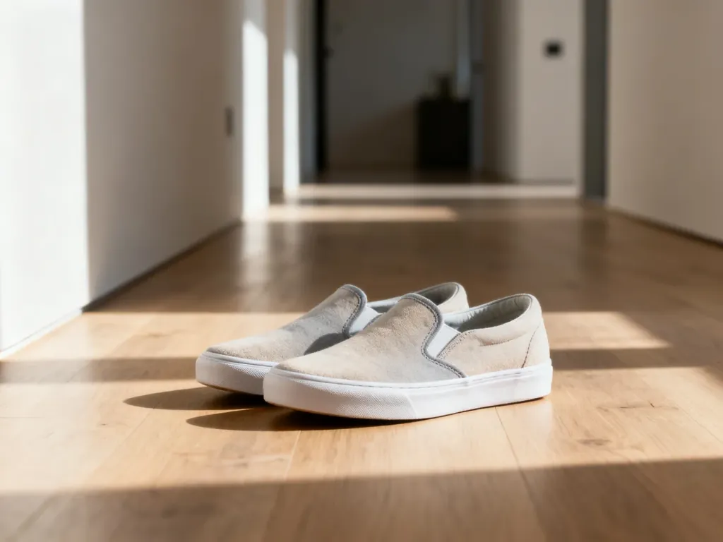 Stylowe wsuwane buty typu slip-on na drewnianej podłodze w minimalistycznym, jasnym wnętrzu.
