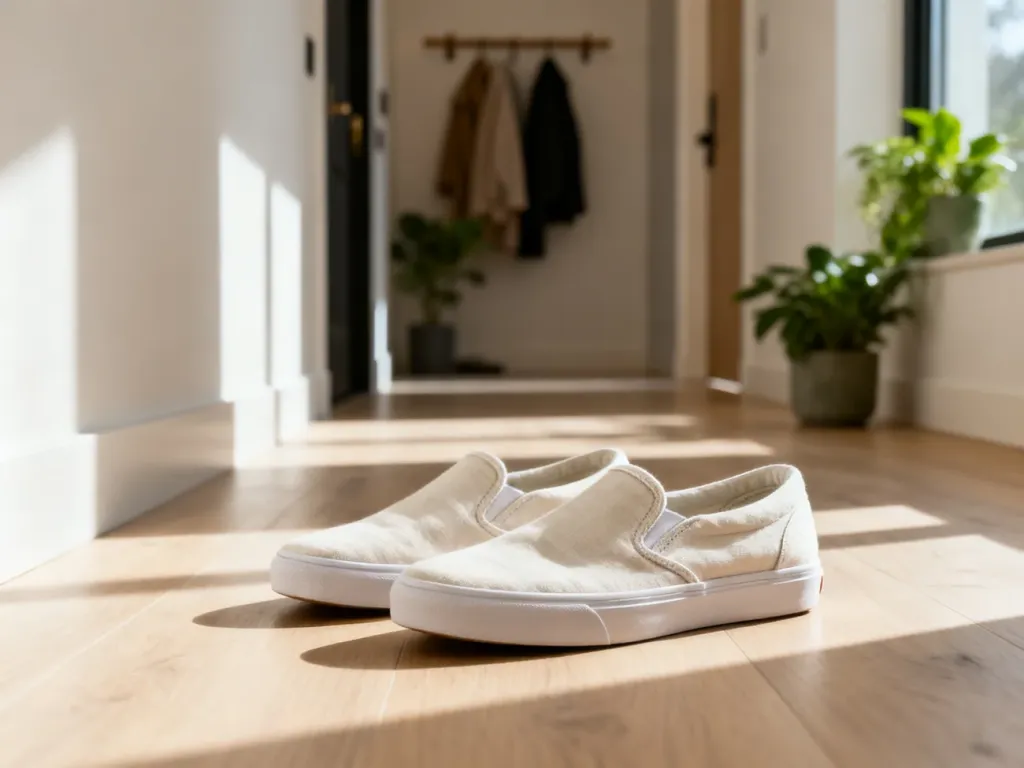Beżowe buty typu slip-on na drewnianej podłodze w słonecznym przedpokoju. Minimalistyczne obuwie w codziennej stylizacji.